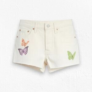 Levi’s 501 White Pastel Butterfly Shorts High Rise Cut Off Denim Shorts Size 26